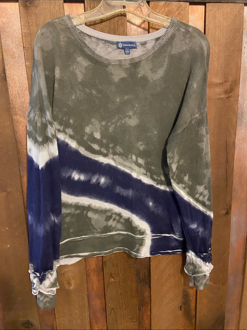 Democracy Olive, Navy & White Tie-Dye Crewneck Thin Sweater 100% Cotton